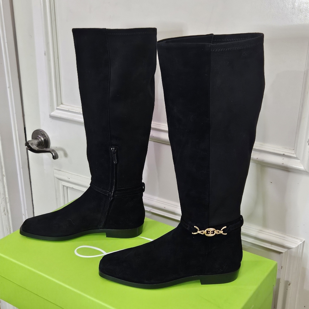 Sam Edelman Black Suede Clive Athletic Riding Boots with Gold Detail,Size 7, NIB - Picture 1 of 16